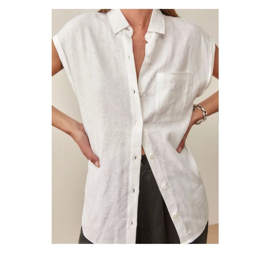 Reformation Maira Linen Short Sleeve Button Down, White Linen Size XS